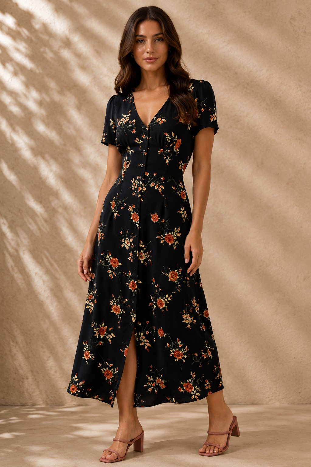 Aurora •   Vestido floral midi con escote en V