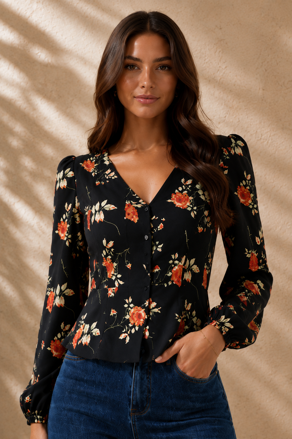 Emilia •  Blusa floral elegante de manga larga