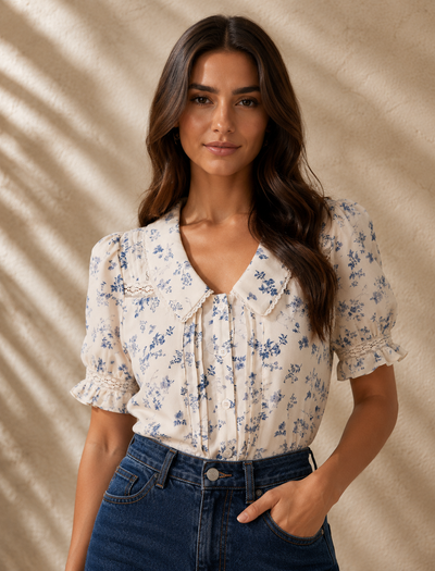 Camille •  Blusa floral romántica con cuello delicado