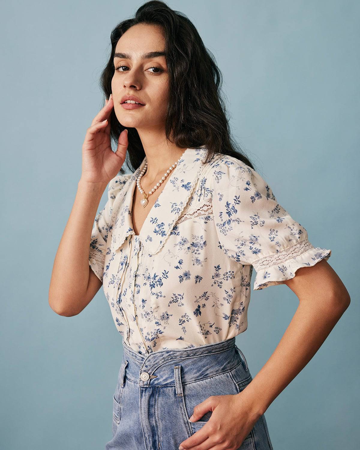 Camille •  Blusa floral romántica con cuello delicado